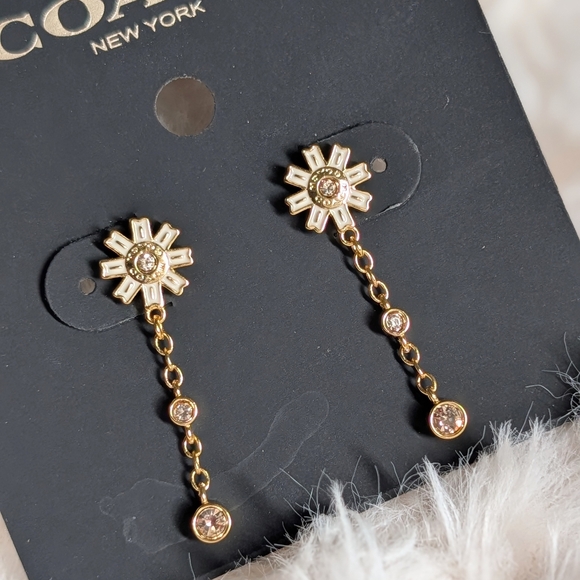 Coach White Daisy Enamel Gold Drop Earrings - Picture 2 of 5